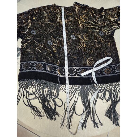 Vtg Aris A Piano Fringe Velvet Burnout Dramatic Open Jacket Black & Amber OS - Picture 7 of 10